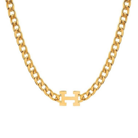 New H Letter Choker Necklace Stainless Steel, 18K Gold Plated Chain Necklace - Picture 2 of 4